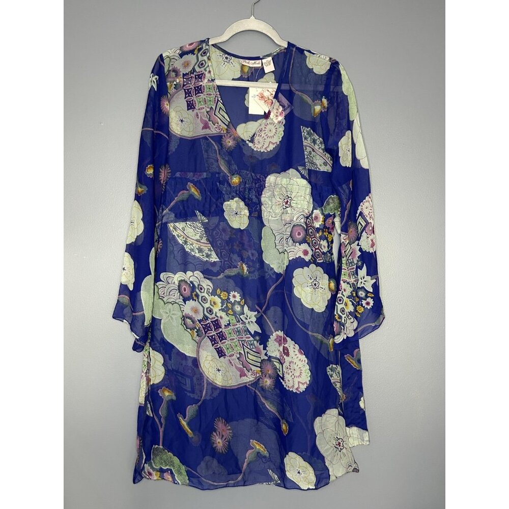 Pink Mode Kimono Tunic Top Womens 1X Blue Floral Sheer Beach Swim Cover Fairy - Picture 6 of 15